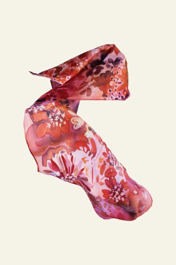 Hand-painted silk mitpachat with red, pink, and orange floral design – vibrant headscarf for Jewish women