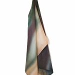 Hand-painted square silk scarf in gradient shades of green, grey and beige, titled "Midnight Drift"