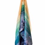 Hand-painted silk headscarf with watercolor waves in beige, green, and navy, perfect for modest Jewish hair covering or mitpachat.