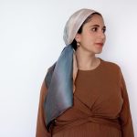 Hand-painted square silk scarf in gradient shades of green, grey and beige, titled "Midnight Drift"