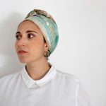 Hand-painted silk headscarf with watercolor waves in beige, green, and navy, perfect for modest Jewish hair covering or mitpachat.
